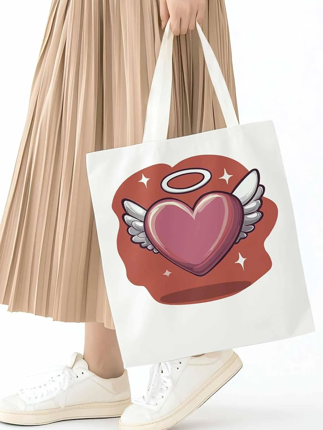 Canvas Tote Bag, Valentine's Day Heart Angel Wings Aesthetic Canvas Tote Handbags for Women Shoulder Bag