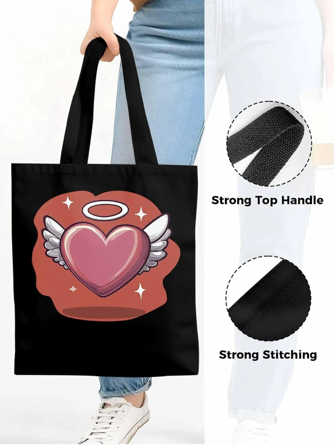 Canvas Tote Bag, Valentine's Day Heart Angel Wings Aesthetic Canvas Tote Handbags for Women Shoulder Bag