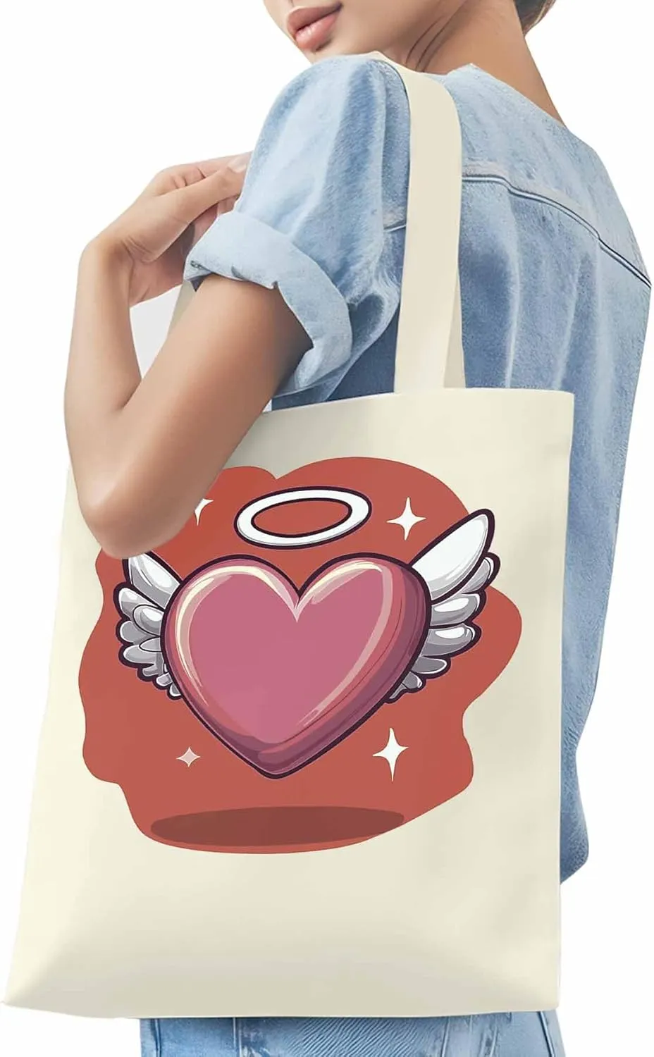 Canvas Tote Bag, Valentine's Day Heart Angel Wings Aesthetic Canvas Tote Handbags for Women Shoulder Bag