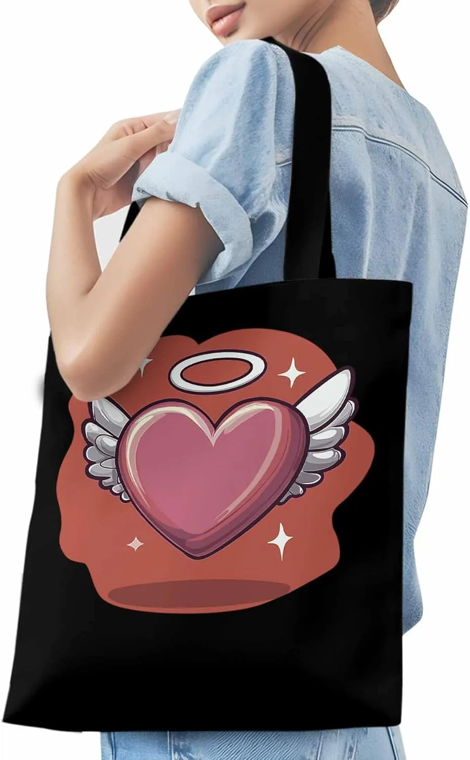 Canvas Tote Bag, Valentine's Day Heart Angel Wings Aesthetic Canvas Tote Handbags for Women Shoulder Bag