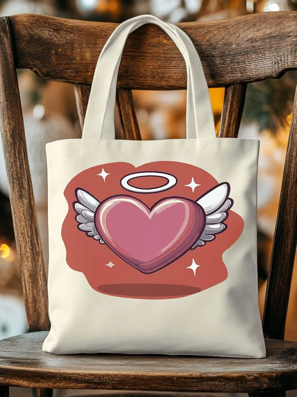 Canvas Tote Bag, Valentine's Day Heart Angel Wings Aesthetic Canvas Tote Handbags for Women Shoulder Bag