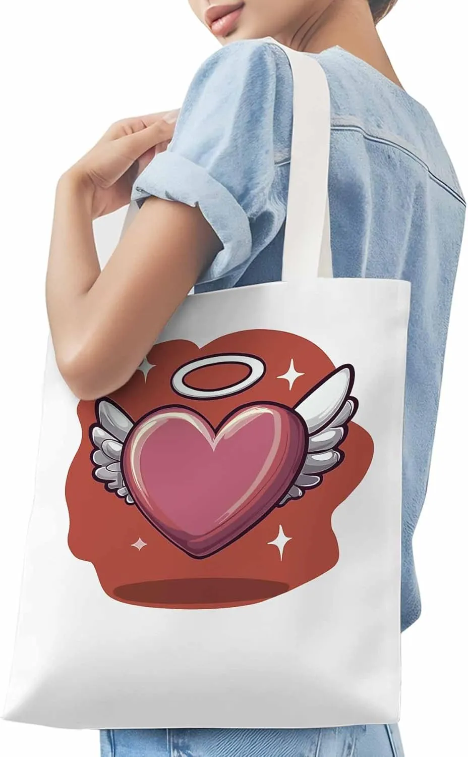 Canvas Tote Bag, Valentine's Day Heart Angel Wings Aesthetic Canvas Tote Handbags for Women Shoulder Bag