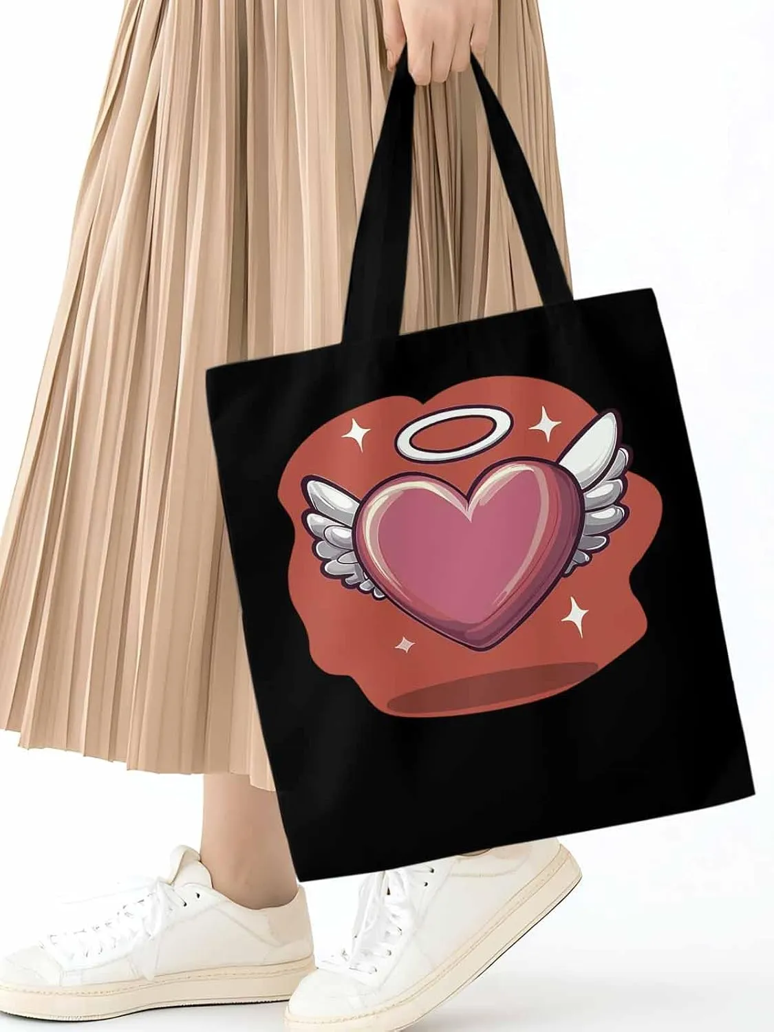 Canvas Tote Bag, Valentine's Day Heart Angel Wings Aesthetic Canvas Tote Handbags for Women Shoulder Bag