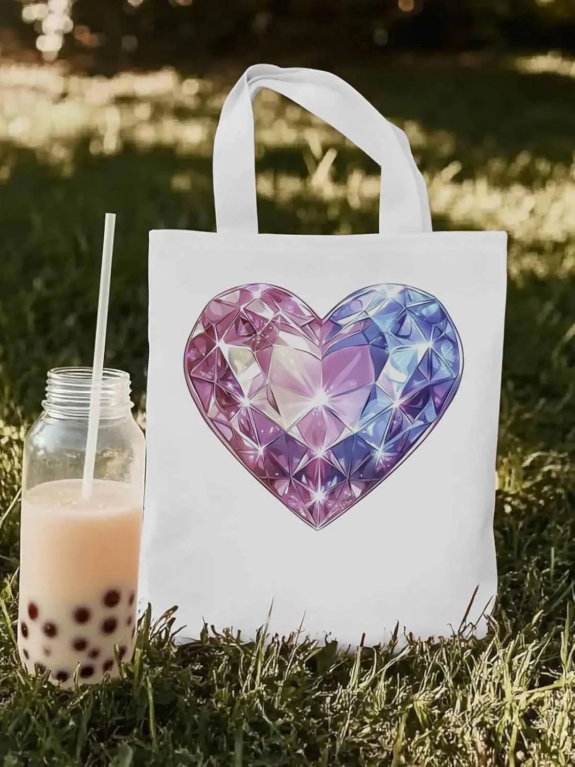 Canvas Tote Bag, Valentine's Day Love Heart Diamonds Aesthetic Canvas Tote Handbags for Women Shoulder Bag