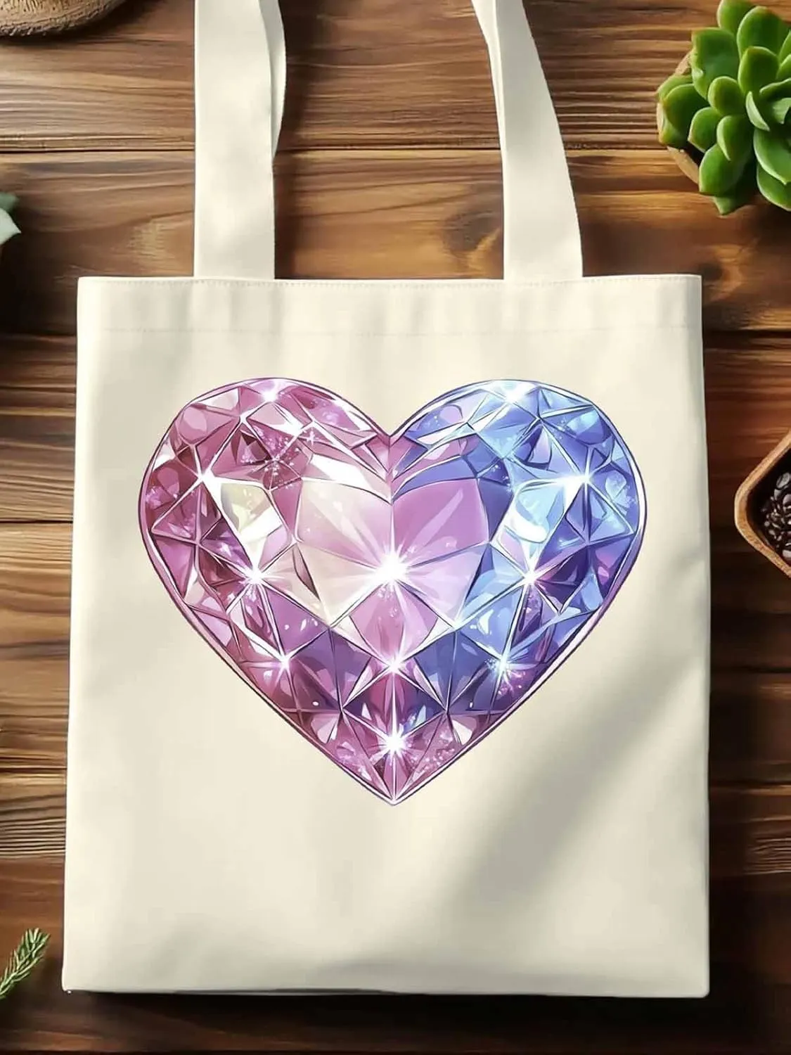 Canvas Tote Bag, Valentine's Day Love Heart Diamonds Aesthetic Canvas Tote Handbags for Women Shoulder Bag