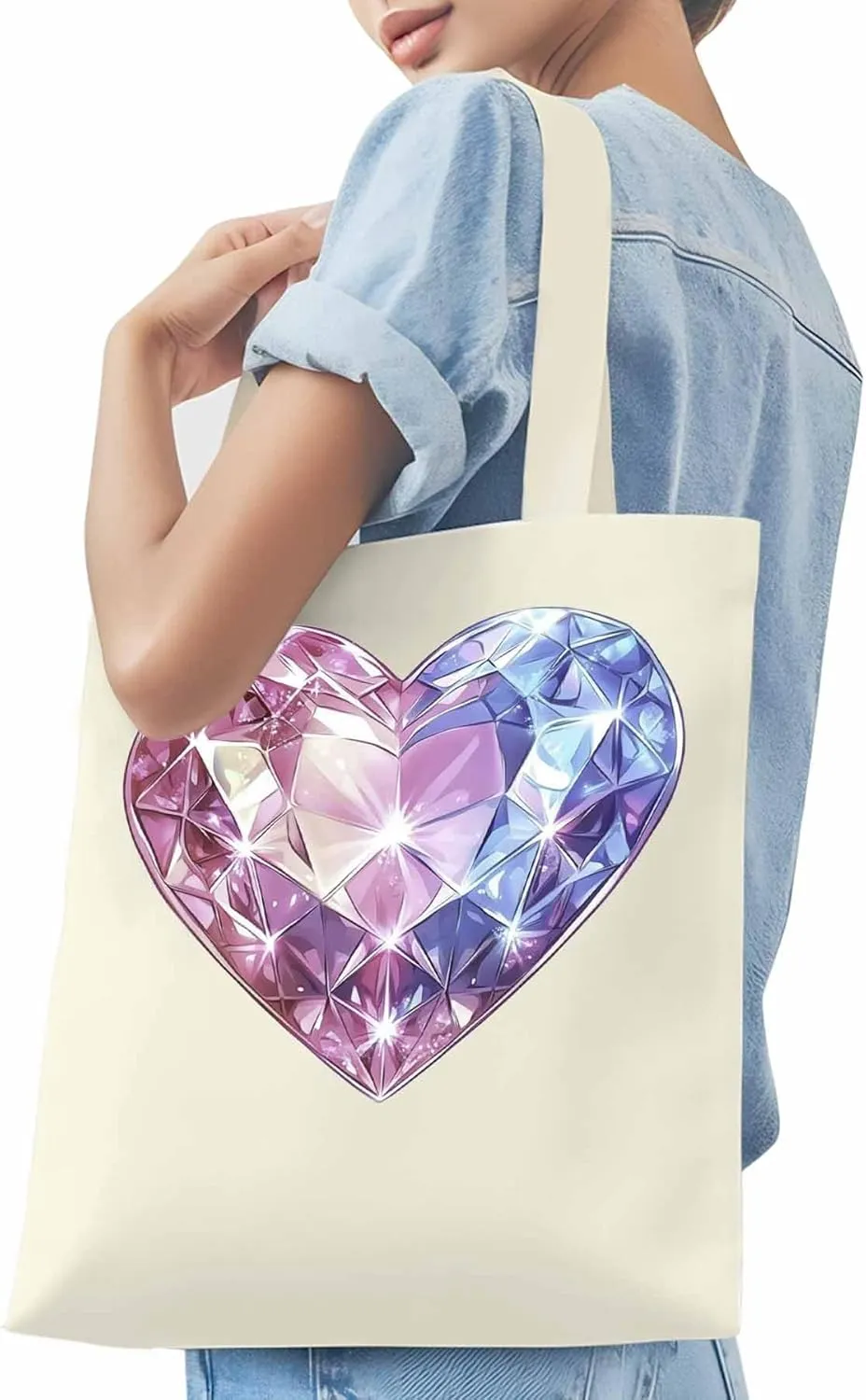 Canvas Tote Bag, Valentine's Day Love Heart Diamonds Aesthetic Canvas Tote Handbags for Women Shoulder Bag