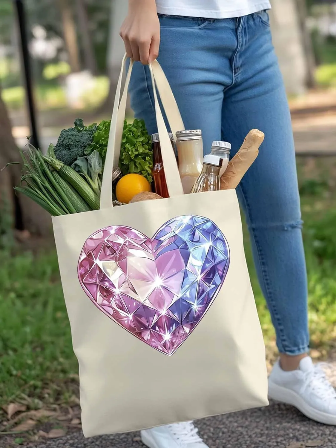 Canvas Tote Bag, Valentine's Day Love Heart Diamonds Aesthetic Canvas Tote Handbags for Women Shoulder Bag