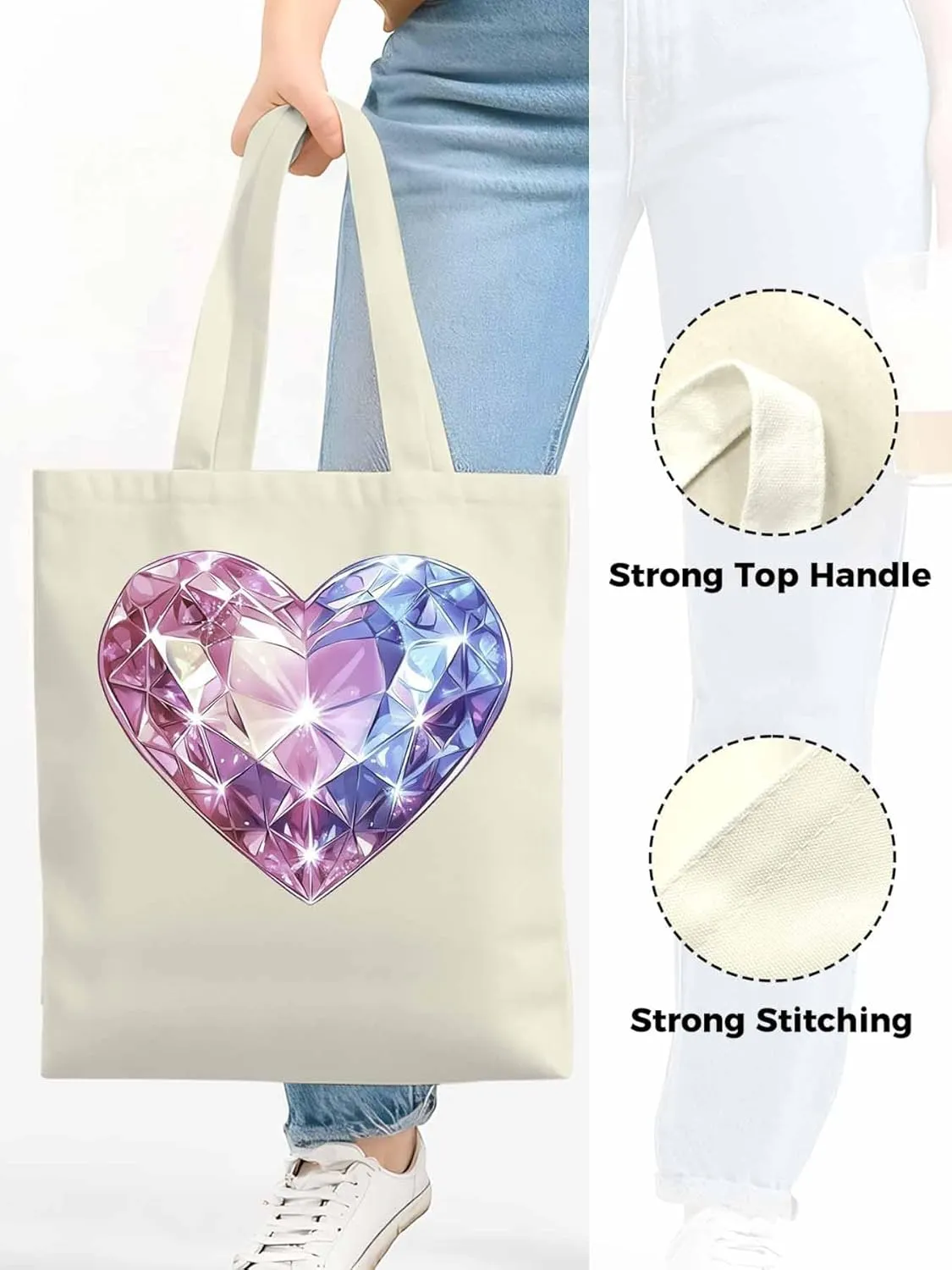 Canvas Tote Bag, Valentine's Day Love Heart Diamonds Aesthetic Canvas Tote Handbags for Women Shoulder Bag