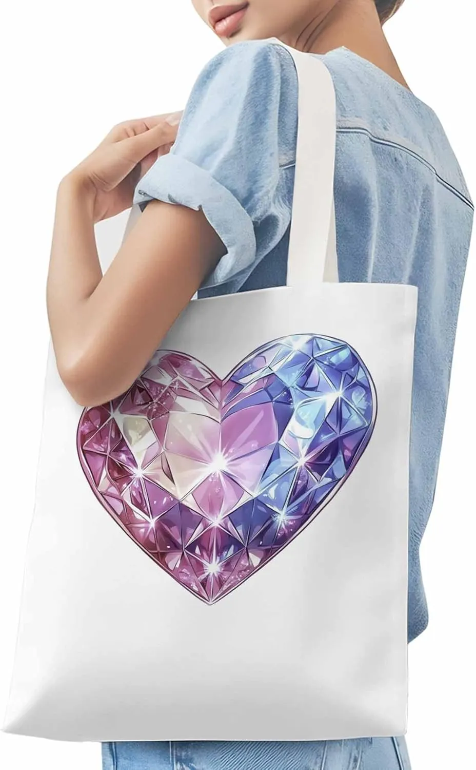 Canvas Tote Bag, Valentine's Day Love Heart Diamonds Aesthetic Canvas Tote Handbags for Women Shoulder Bag