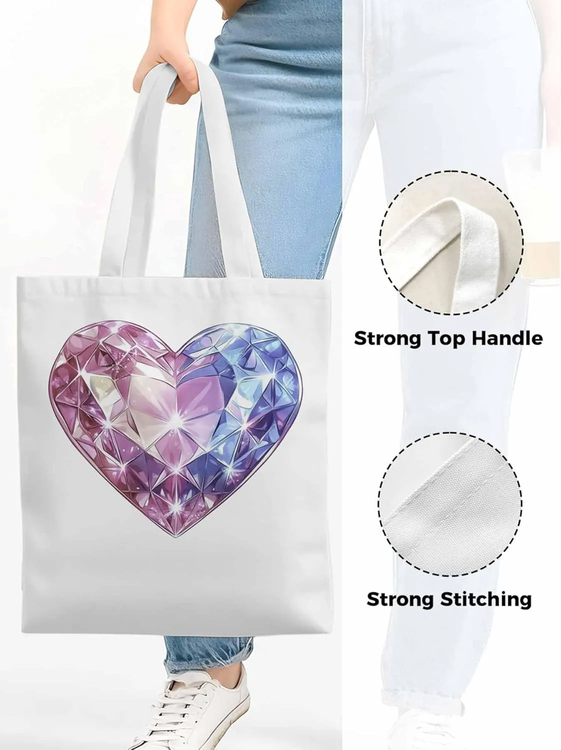 Canvas Tote Bag, Valentine's Day Love Heart Diamonds Aesthetic Canvas Tote Handbags for Women Shoulder Bag