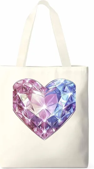 Canvas Tote Bag, Valentine's Day Love Heart Diamonds Aesthetic Canvas Tote Handbags for Women Shoulder Bag