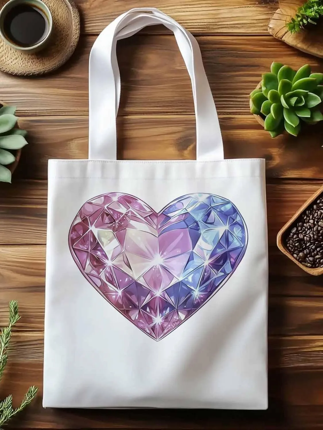 Canvas Tote Bag, Valentine's Day Love Heart Diamonds Aesthetic Canvas Tote Handbags for Women Shoulder Bag