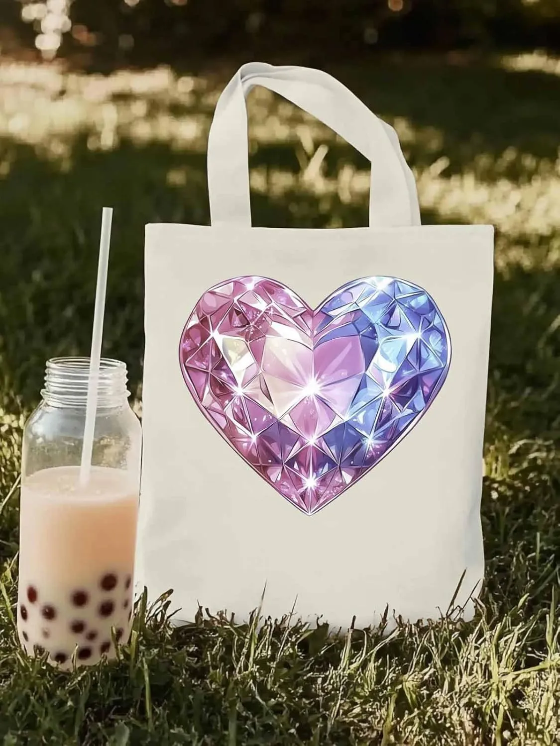 Canvas Tote Bag, Valentine's Day Love Heart Diamonds Aesthetic Canvas Tote Handbags for Women Shoulder Bag