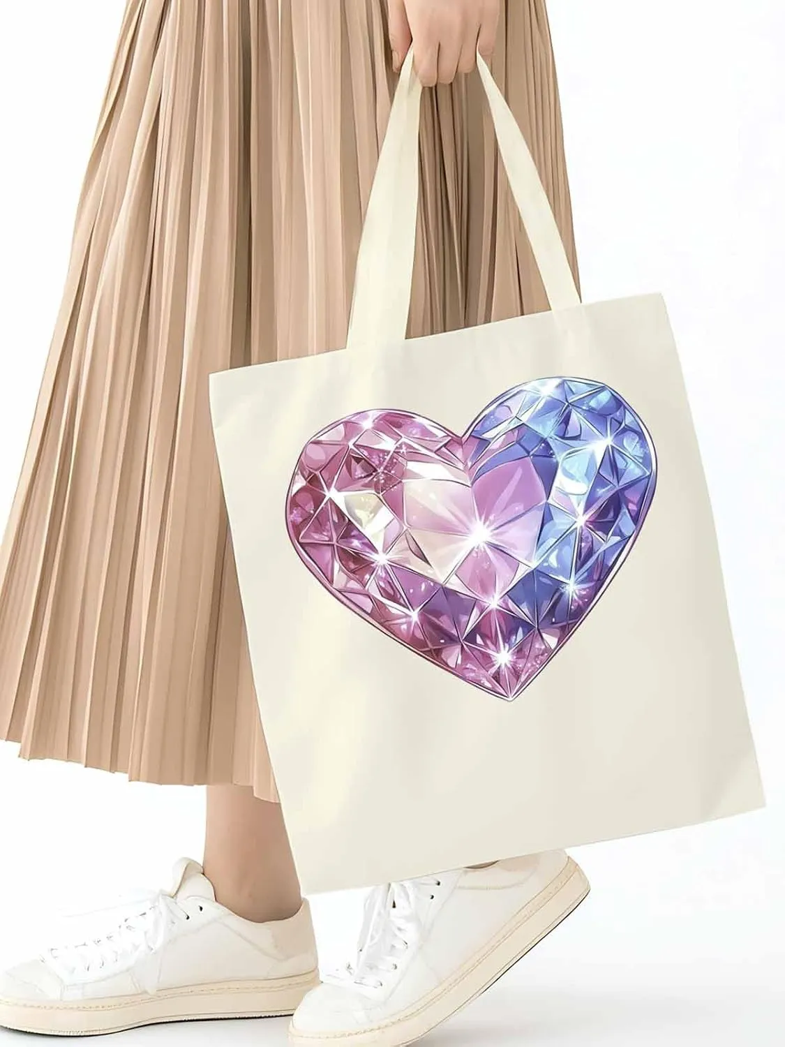 Canvas Tote Bag, Valentine's Day Love Heart Diamonds Aesthetic Canvas Tote Handbags for Women Shoulder Bag