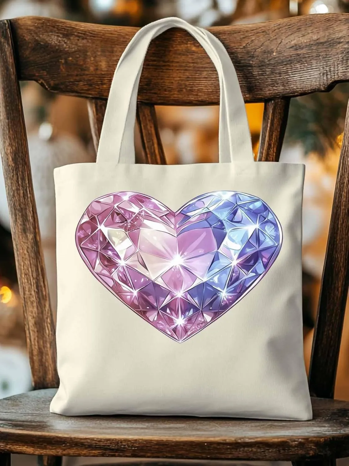 Canvas Tote Bag, Valentine's Day Love Heart Diamonds Aesthetic Canvas Tote Handbags for Women Shoulder Bag