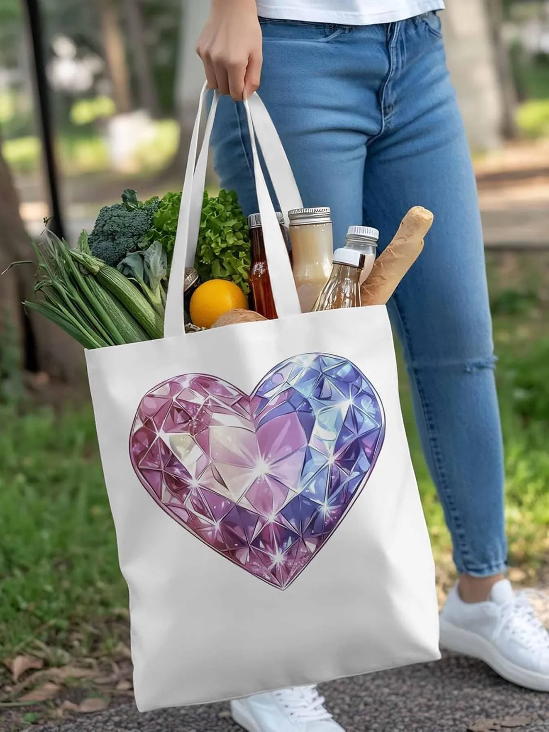 Canvas Tote Bag, Valentine's Day Love Heart Diamonds Aesthetic Canvas Tote Handbags for Women Shoulder Bag
