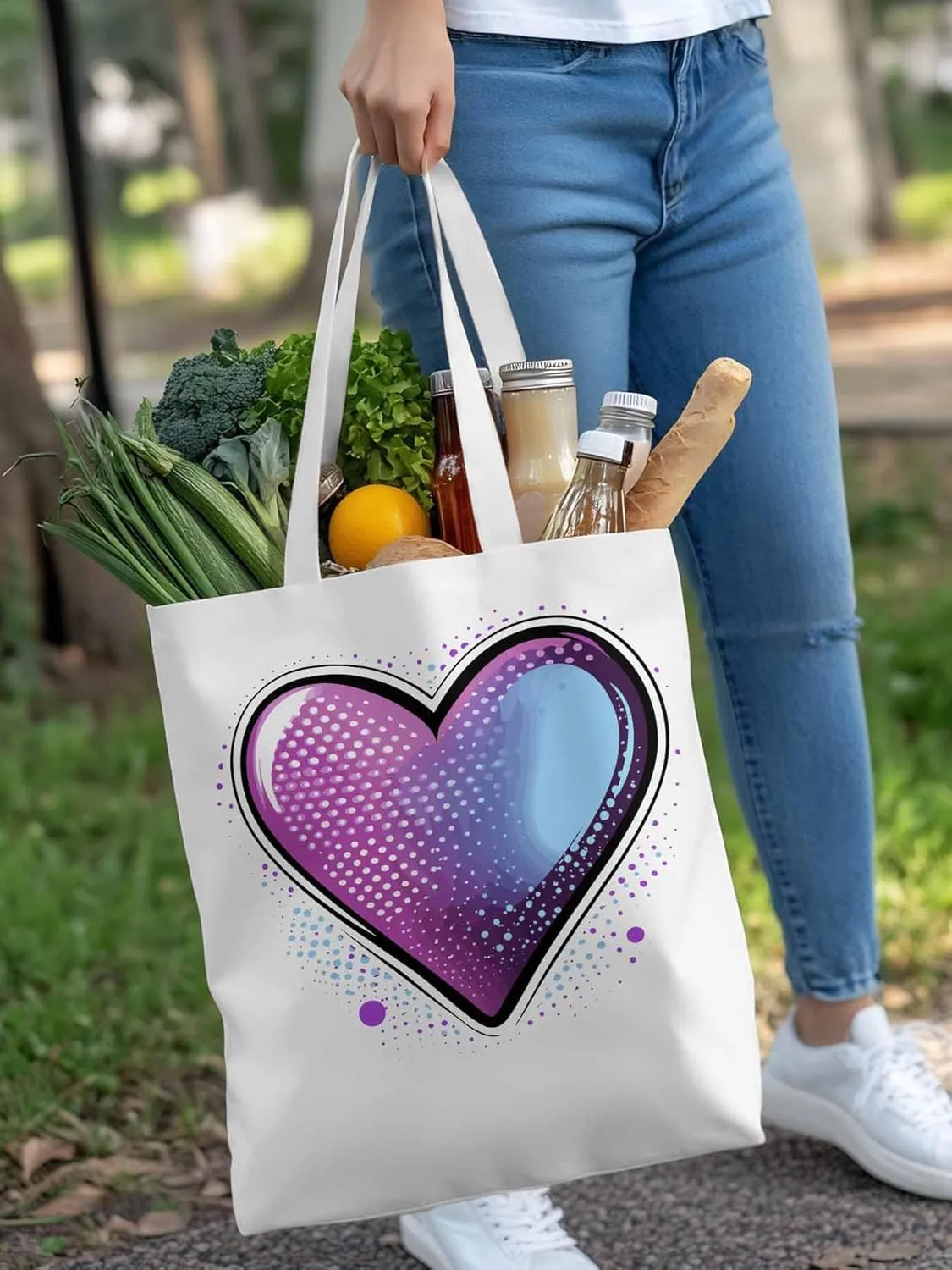 Canvas Tote Bag, Valentine's Day Pink Blue Love Aesthetic Canvas Tote Handbags for Women Shoulder Bag