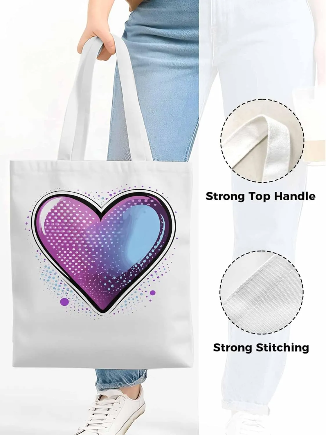 Canvas Tote Bag, Valentine's Day Pink Blue Love Aesthetic Canvas Tote Handbags for Women Shoulder Bag