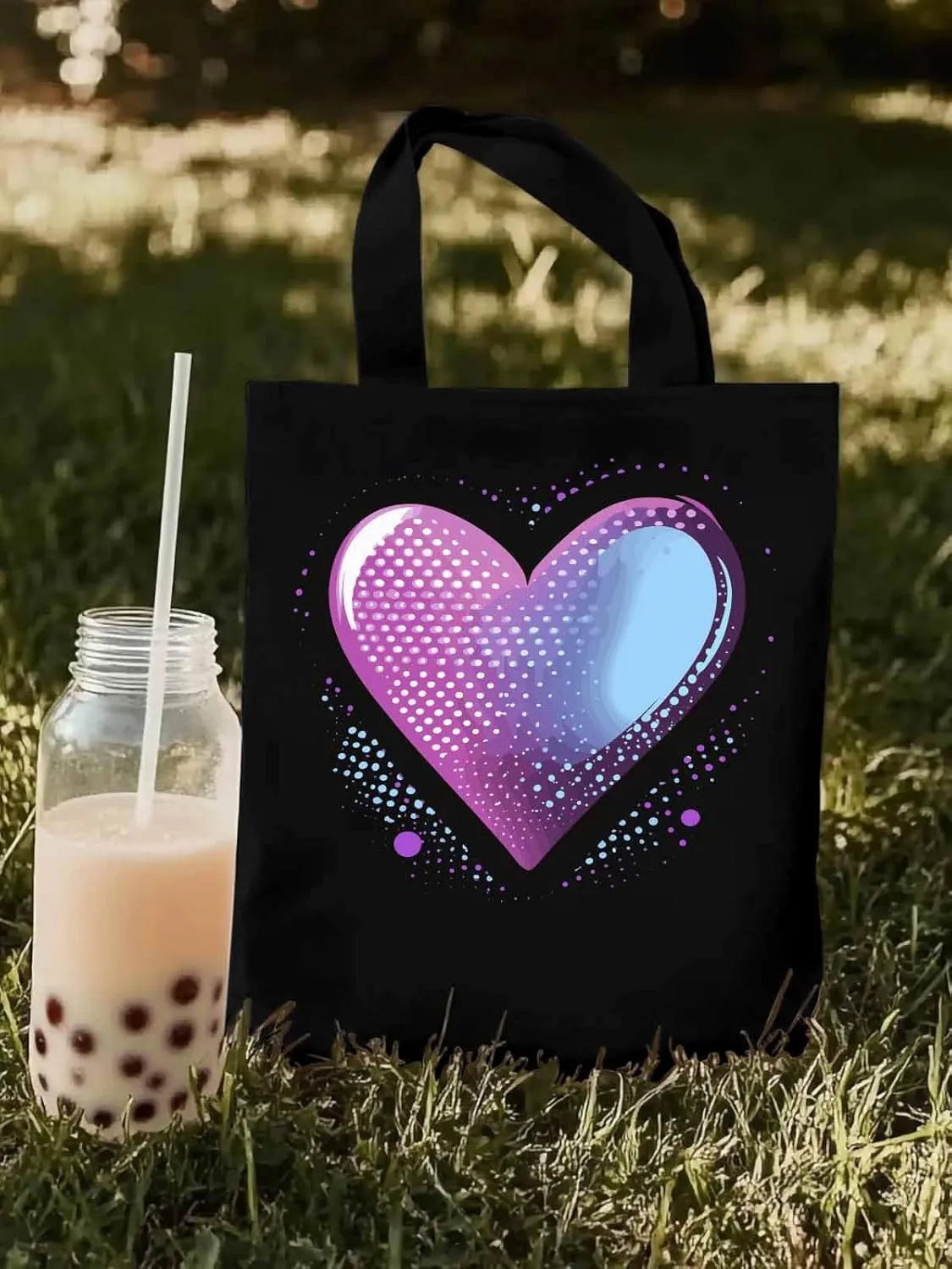 Canvas Tote Bag, Valentine's Day Pink Blue Love Aesthetic Canvas Tote Handbags for Women Shoulder Bag