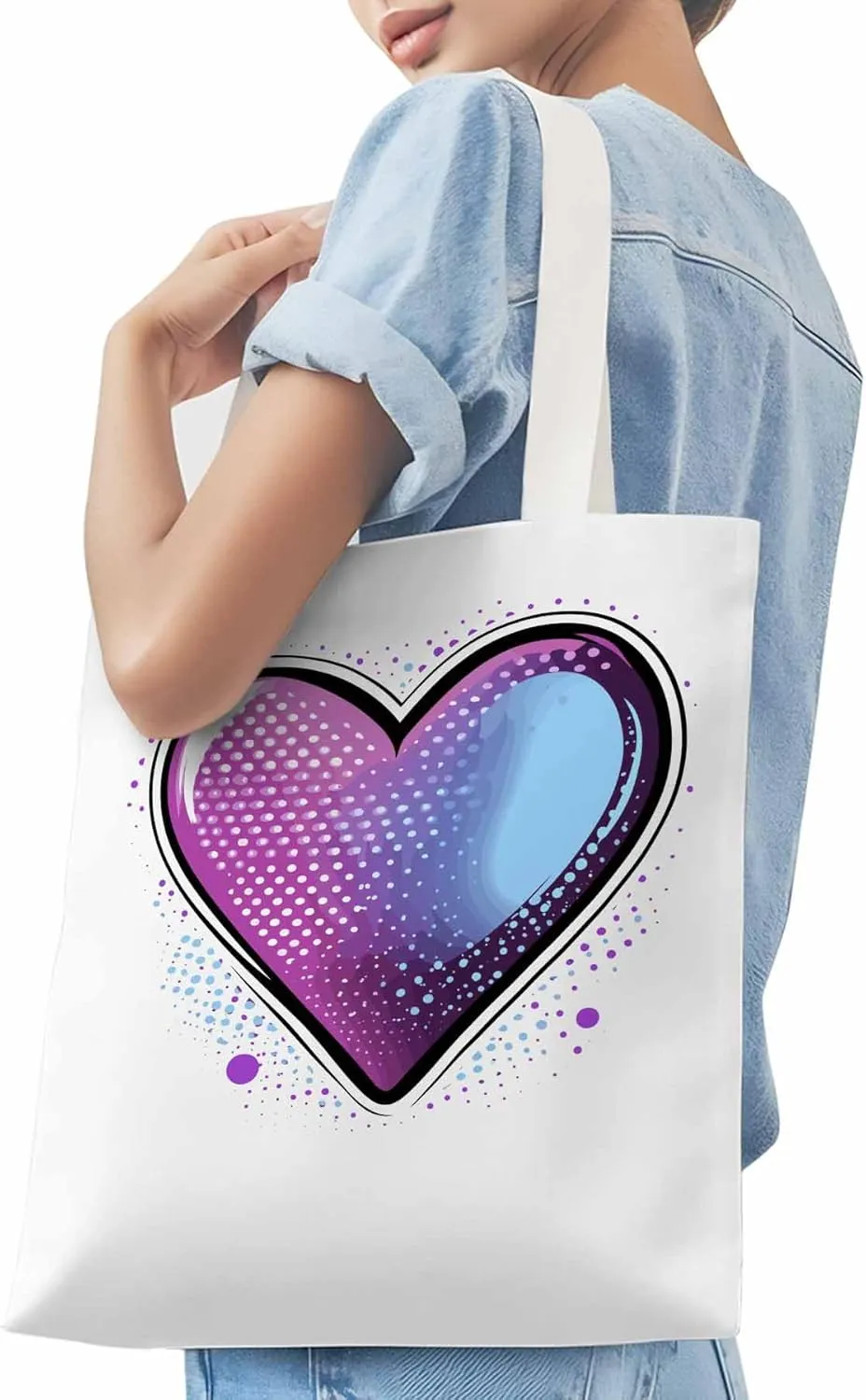 Canvas Tote Bag, Valentine's Day Pink Blue Love Aesthetic Canvas Tote Handbags for Women Shoulder Bag