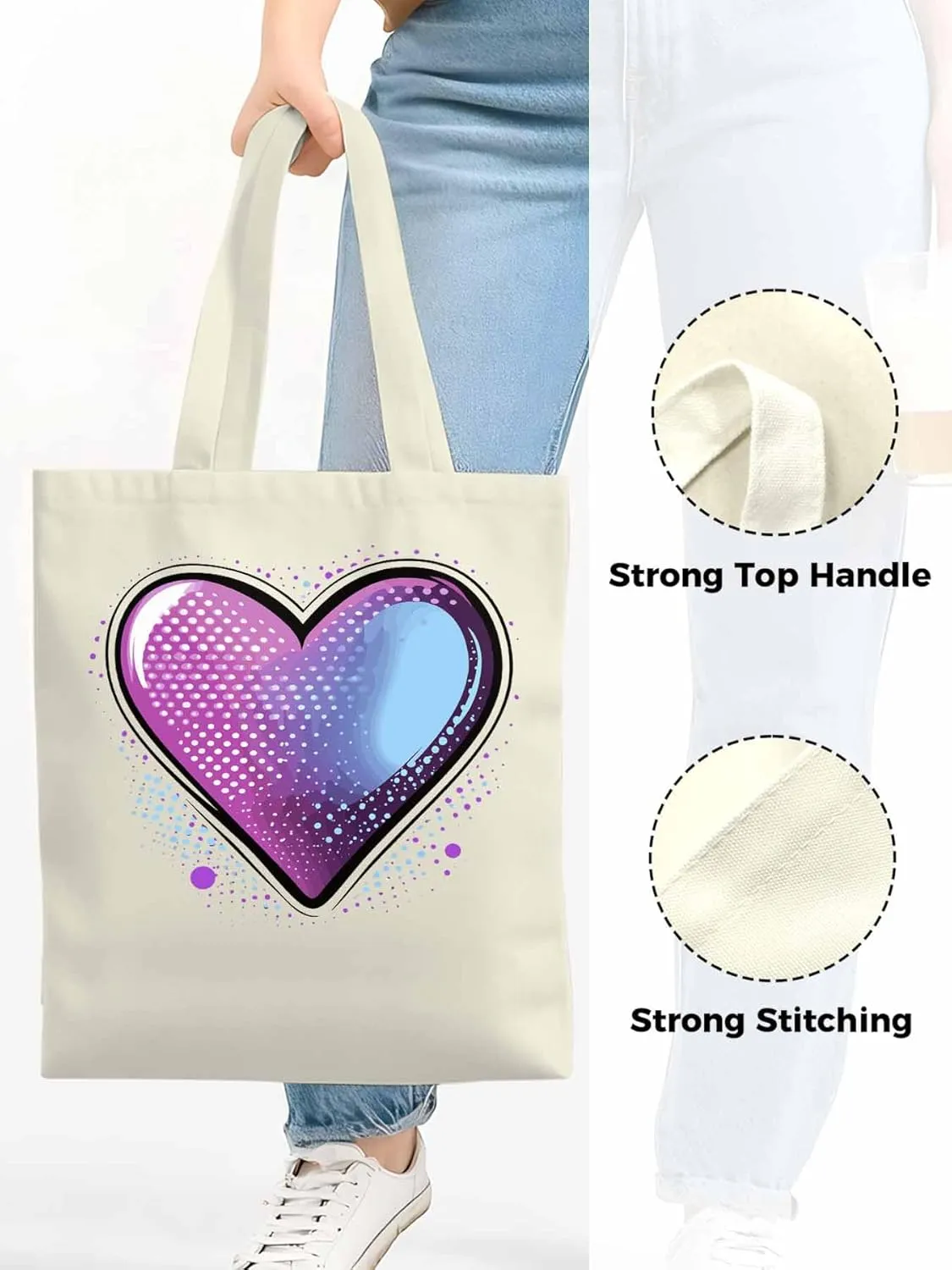 Canvas Tote Bag, Valentine's Day Pink Blue Love Aesthetic Canvas Tote Handbags for Women Shoulder Bag