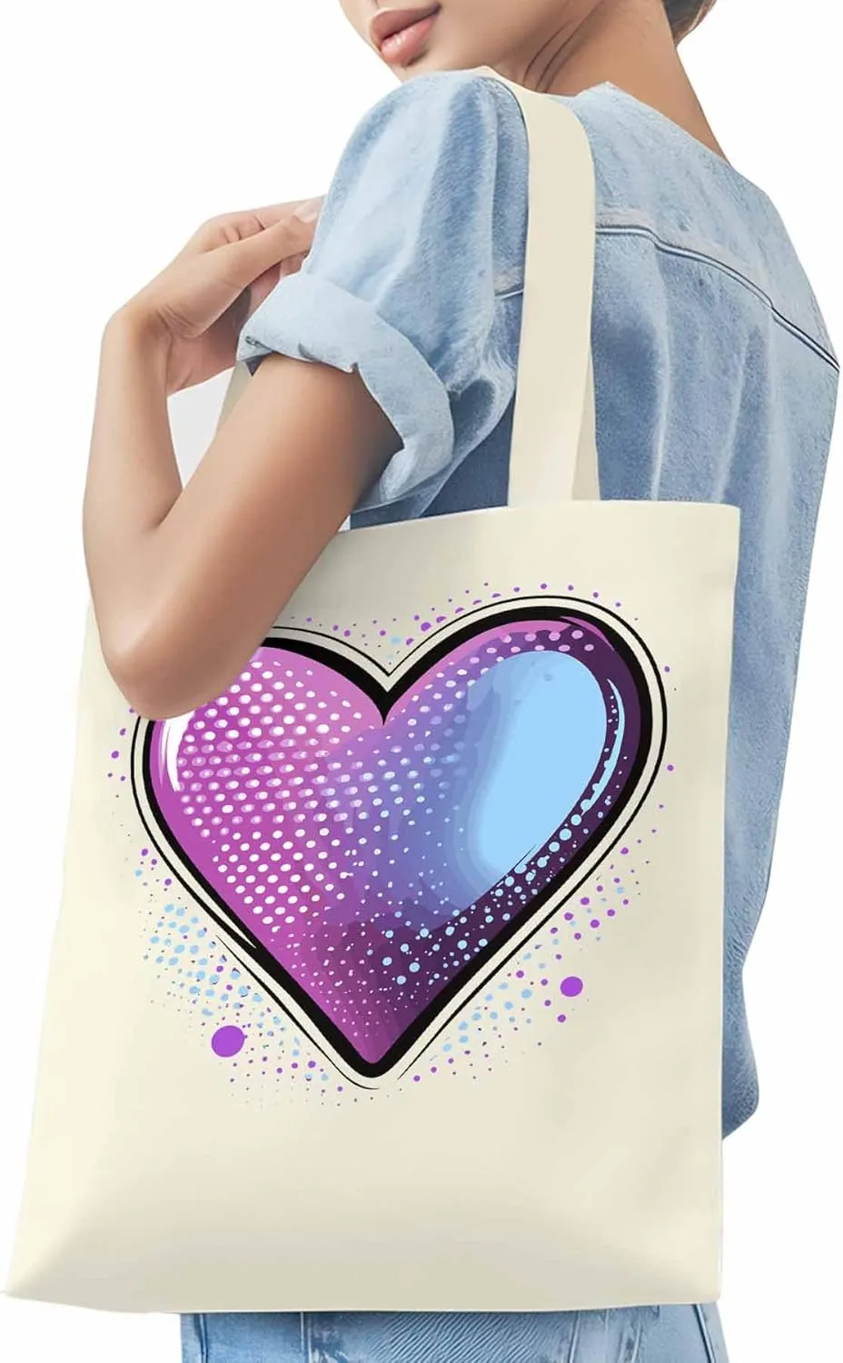 Canvas Tote Bag, Valentine's Day Pink Blue Love Aesthetic Canvas Tote Handbags for Women Shoulder Bag