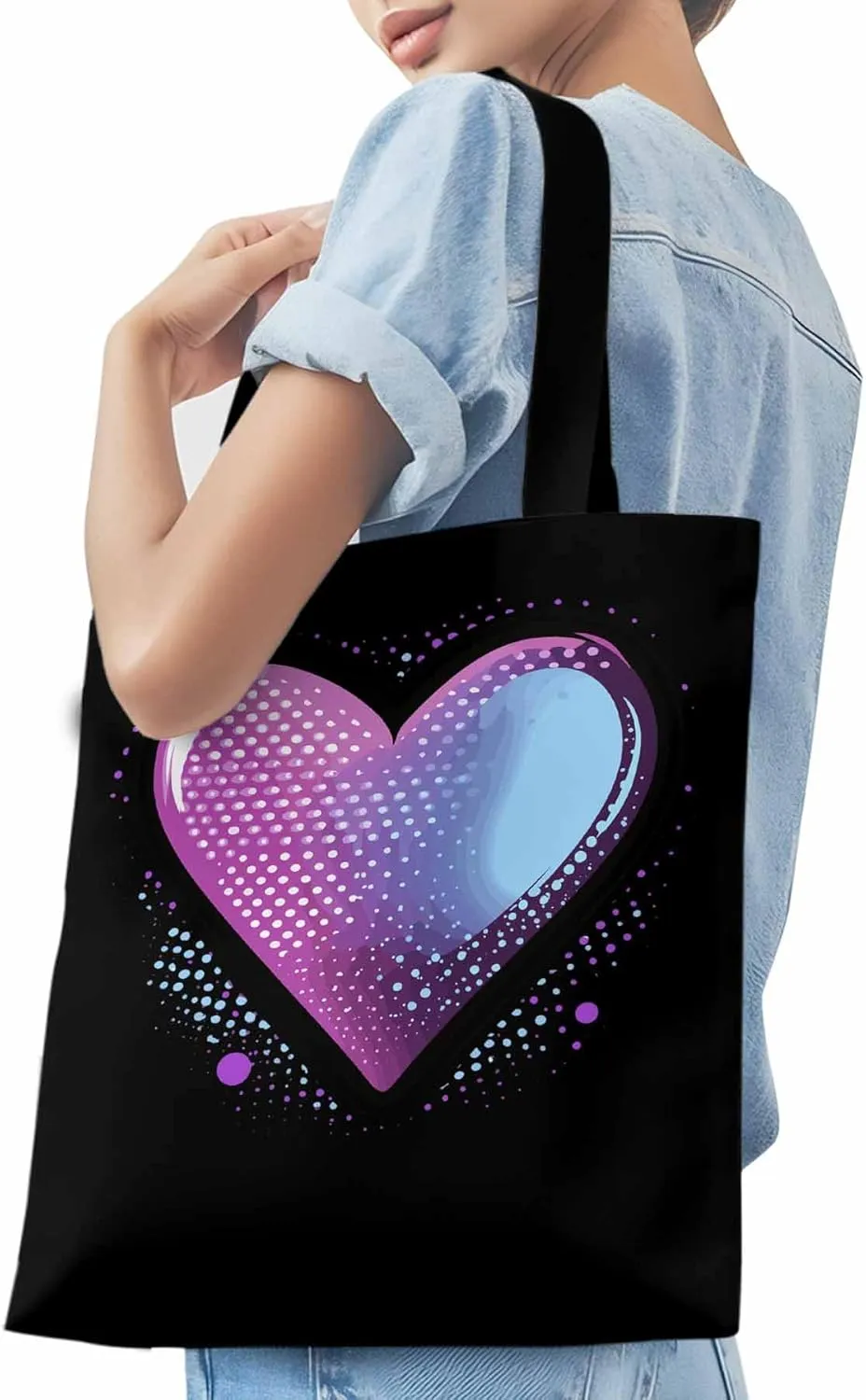Canvas Tote Bag, Valentine's Day Pink Blue Love Aesthetic Canvas Tote Handbags for Women Shoulder Bag