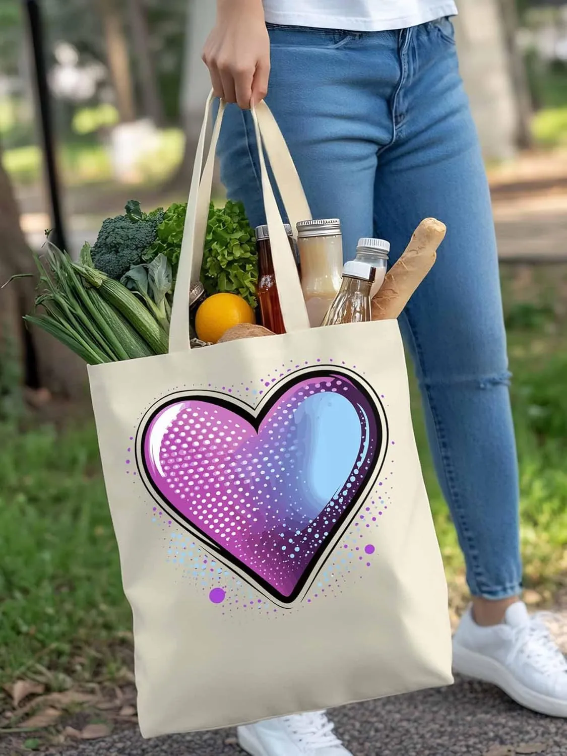 Canvas Tote Bag, Valentine's Day Pink Blue Love Aesthetic Canvas Tote Handbags for Women Shoulder Bag