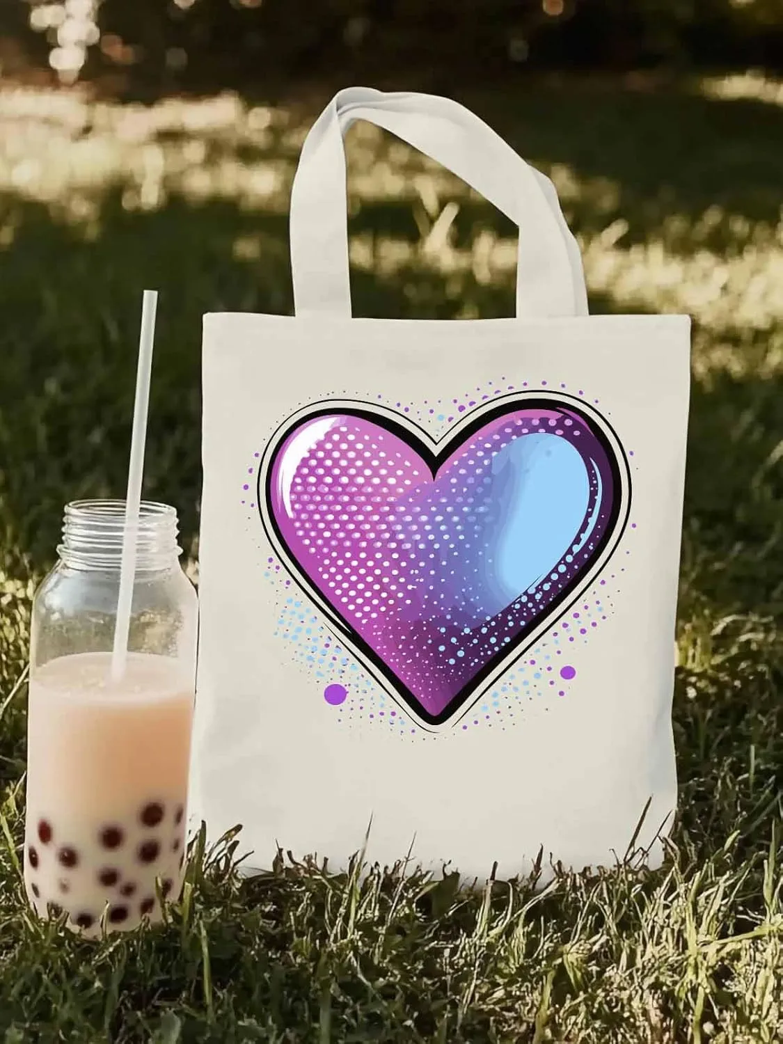 Canvas Tote Bag, Valentine's Day Pink Blue Love Aesthetic Canvas Tote Handbags for Women Shoulder Bag