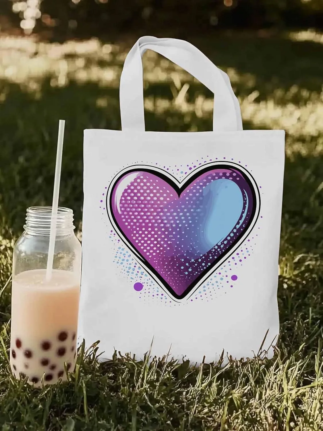 Canvas Tote Bag, Valentine's Day Pink Blue Love Aesthetic Canvas Tote Handbags for Women Shoulder Bag