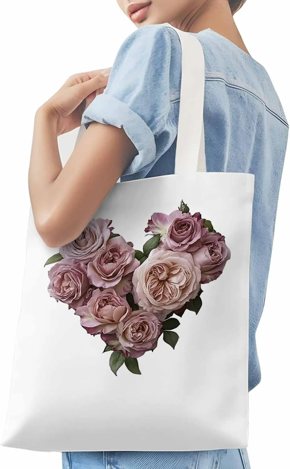 Canvas Tote Bag, Valentine's Day Pink Roses Aesthetic Canvas Tote Handbags for Women Shoulder Bag