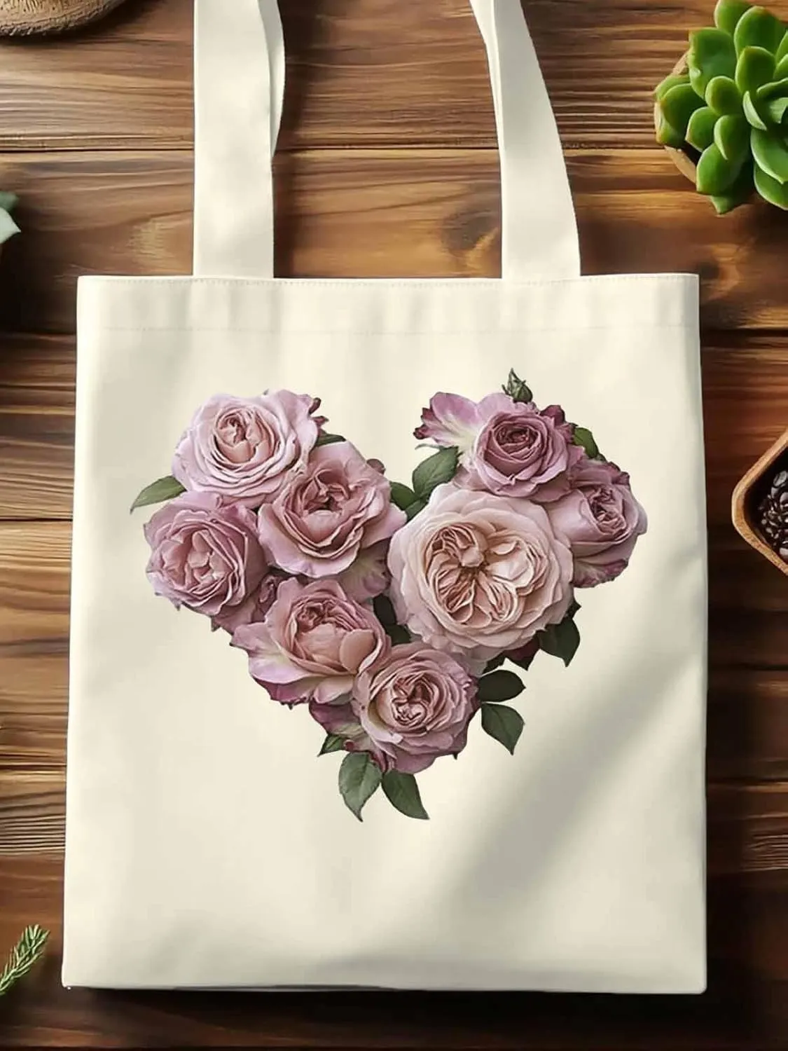 Canvas Tote Bag, Valentine's Day Pink Roses Aesthetic Canvas Tote Handbags for Women Shoulder Bag