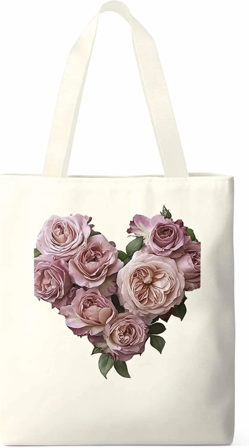 Canvas Tote Bag, Valentine's Day Pink Roses Aesthetic Canvas Tote Handbags for Women Shoulder Bag