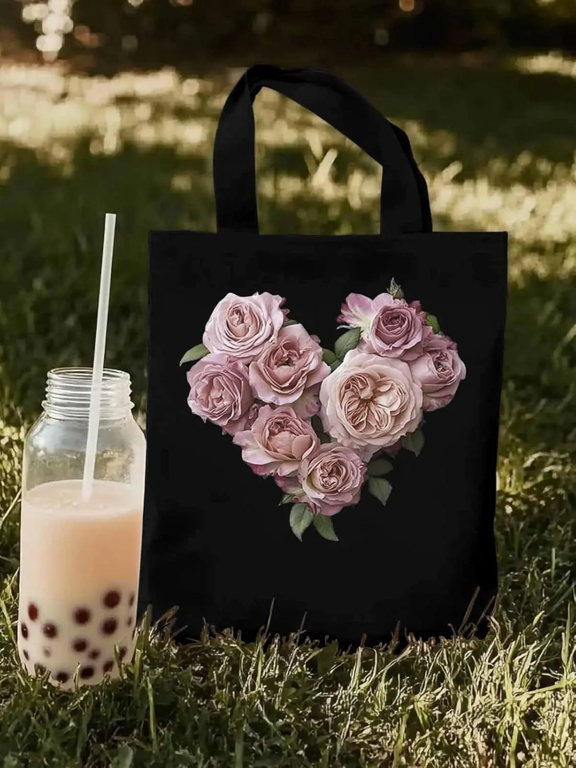 Canvas Tote Bag, Valentine's Day Pink Roses Aesthetic Canvas Tote Handbags for Women Shoulder Bag