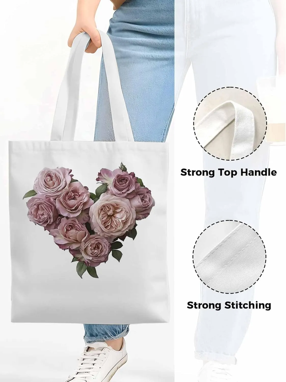 Canvas Tote Bag, Valentine's Day Pink Roses Aesthetic Canvas Tote Handbags for Women Shoulder Bag