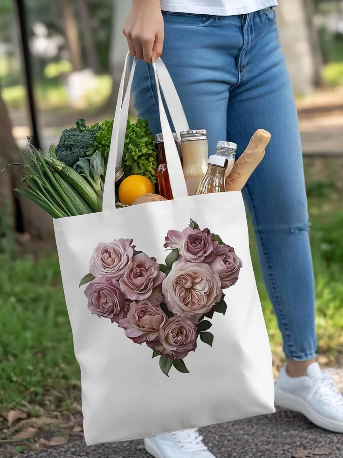Canvas Tote Bag, Valentine's Day Pink Roses Aesthetic Canvas Tote Handbags for Women Shoulder Bag