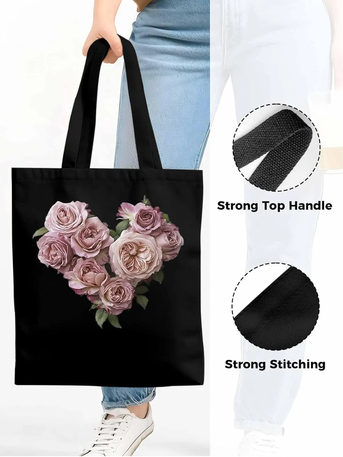Canvas Tote Bag, Valentine's Day Pink Roses Aesthetic Canvas Tote Handbags for Women Shoulder Bag