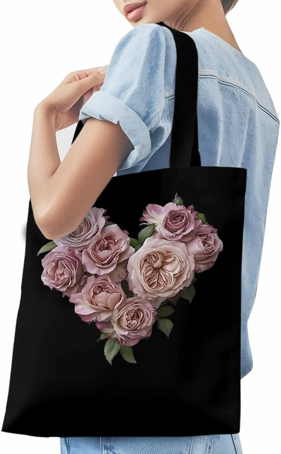 Canvas Tote Bag, Valentine's Day Pink Roses Aesthetic Canvas Tote Handbags for Women Shoulder Bag