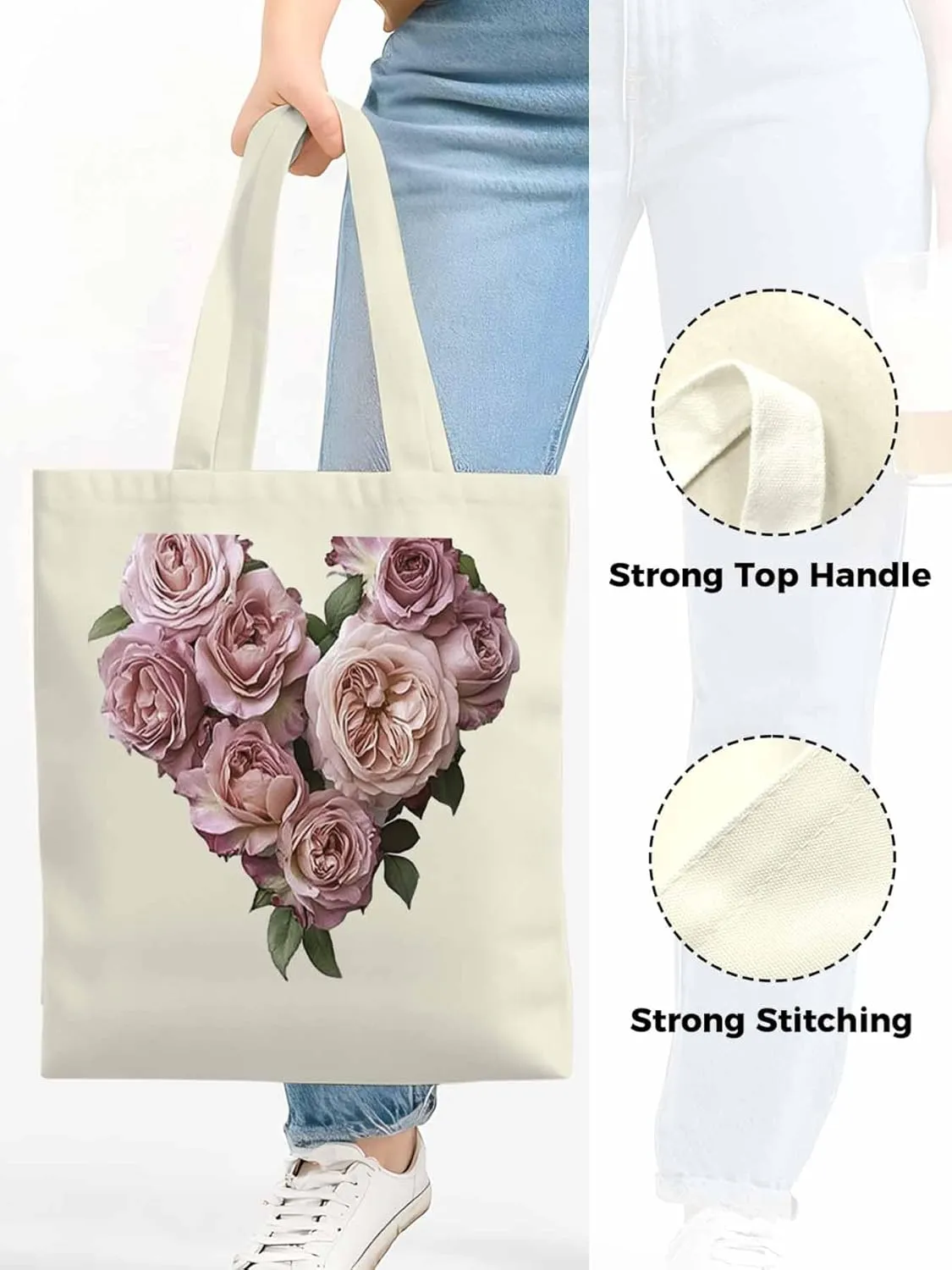 Canvas Tote Bag, Valentine's Day Pink Roses Aesthetic Canvas Tote Handbags for Women Shoulder Bag