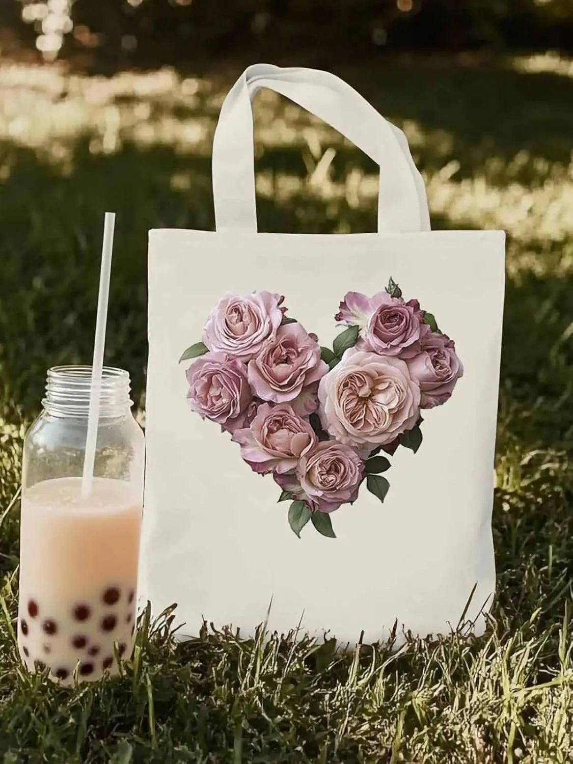 Canvas Tote Bag, Valentine's Day Pink Roses Aesthetic Canvas Tote Handbags for Women Shoulder Bag