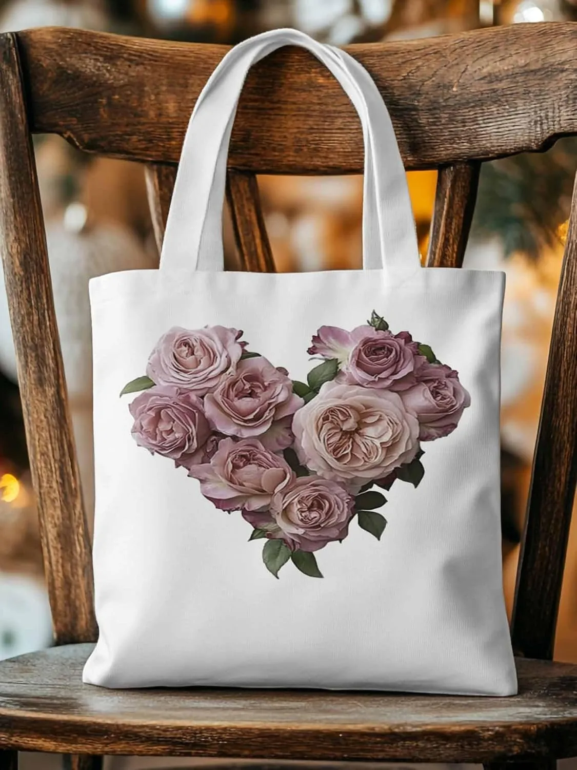 Canvas Tote Bag, Valentine's Day Pink Roses Aesthetic Canvas Tote Handbags for Women Shoulder Bag
