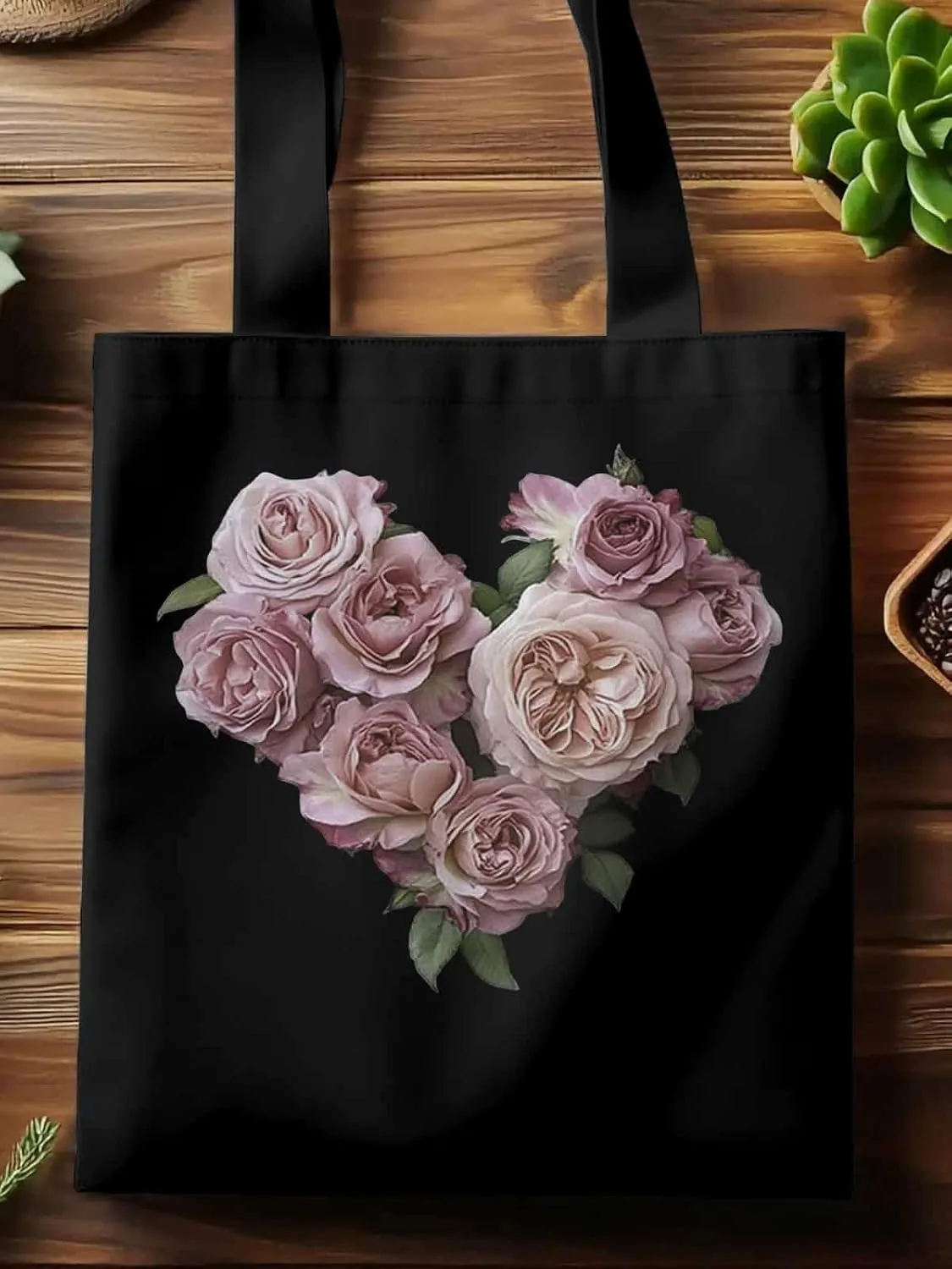 Canvas Tote Bag, Valentine's Day Pink Roses Aesthetic Canvas Tote Handbags for Women Shoulder Bag