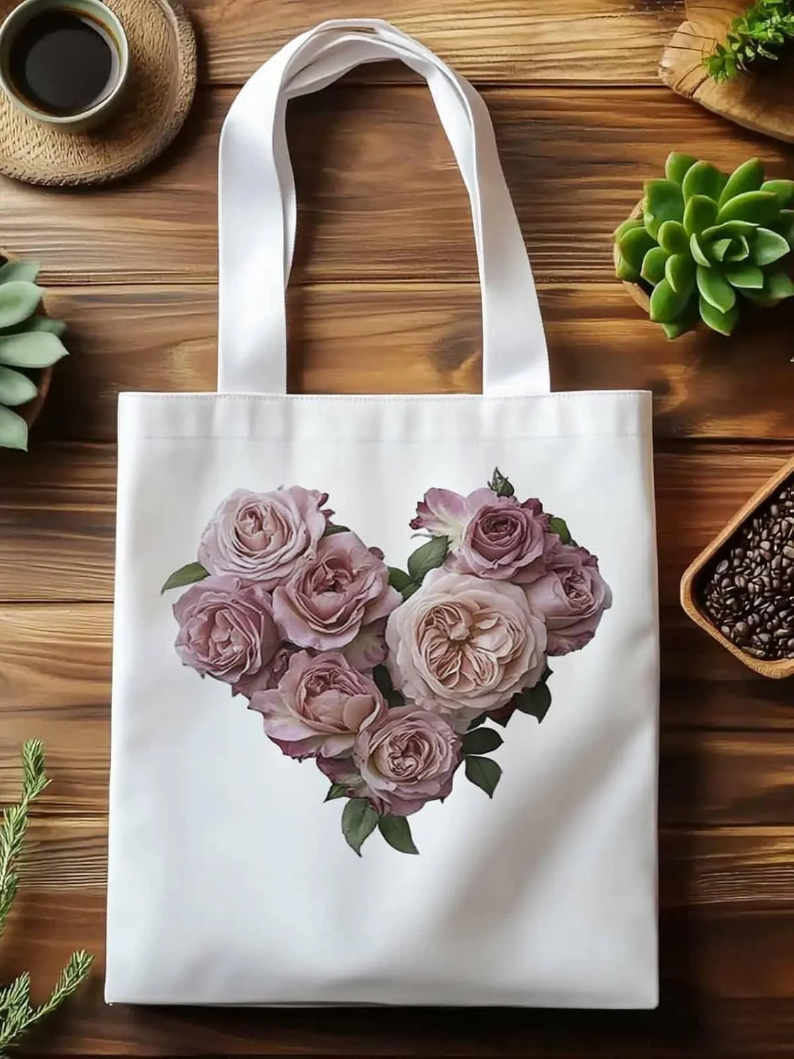 Canvas Tote Bag, Valentine's Day Pink Roses Aesthetic Canvas Tote Handbags for Women Shoulder Bag