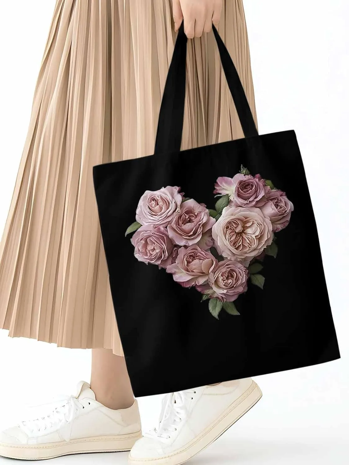 Canvas Tote Bag, Valentine's Day Pink Roses Aesthetic Canvas Tote Handbags for Women Shoulder Bag