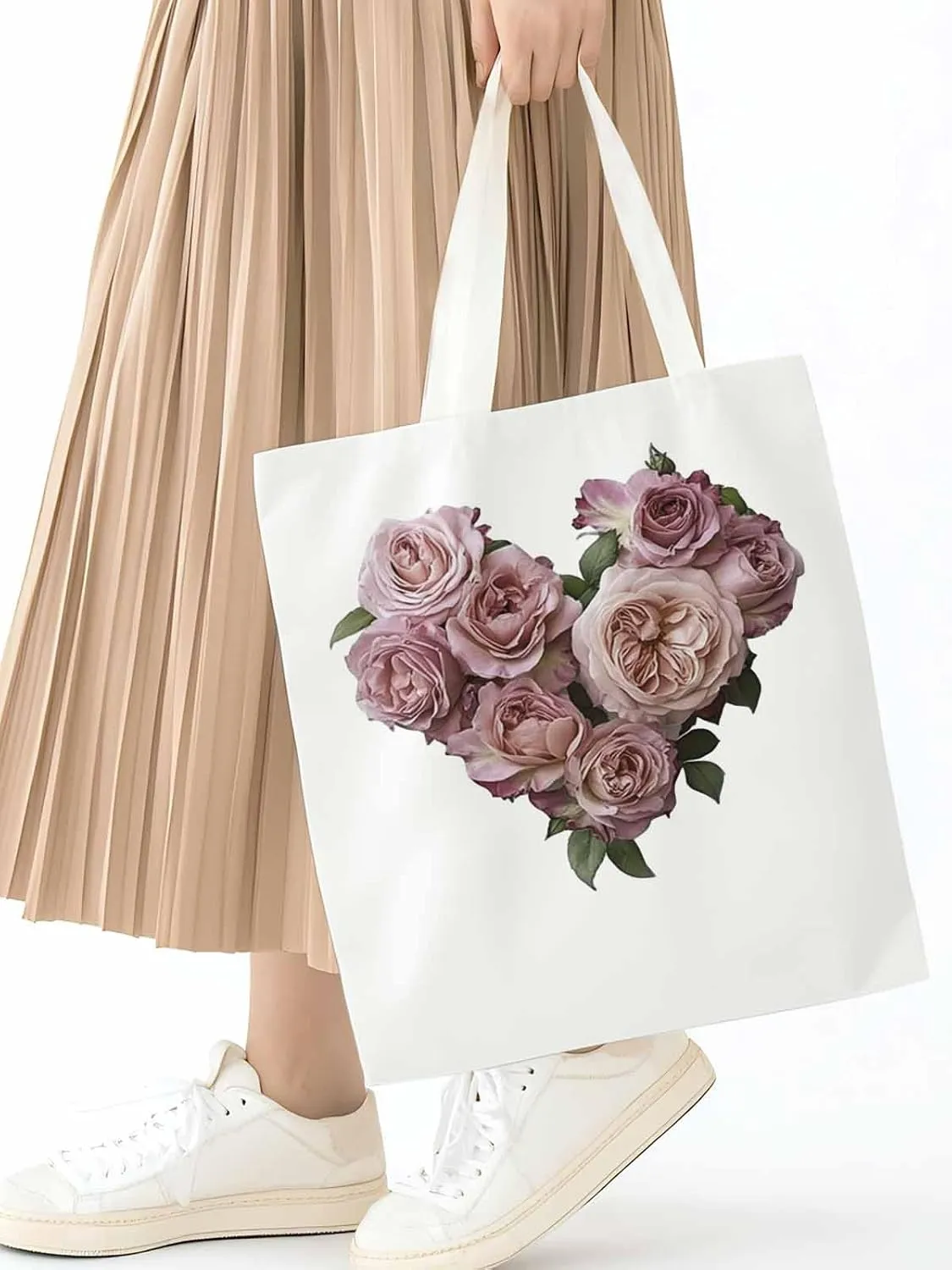Canvas Tote Bag, Valentine's Day Pink Roses Aesthetic Canvas Tote Handbags for Women Shoulder Bag