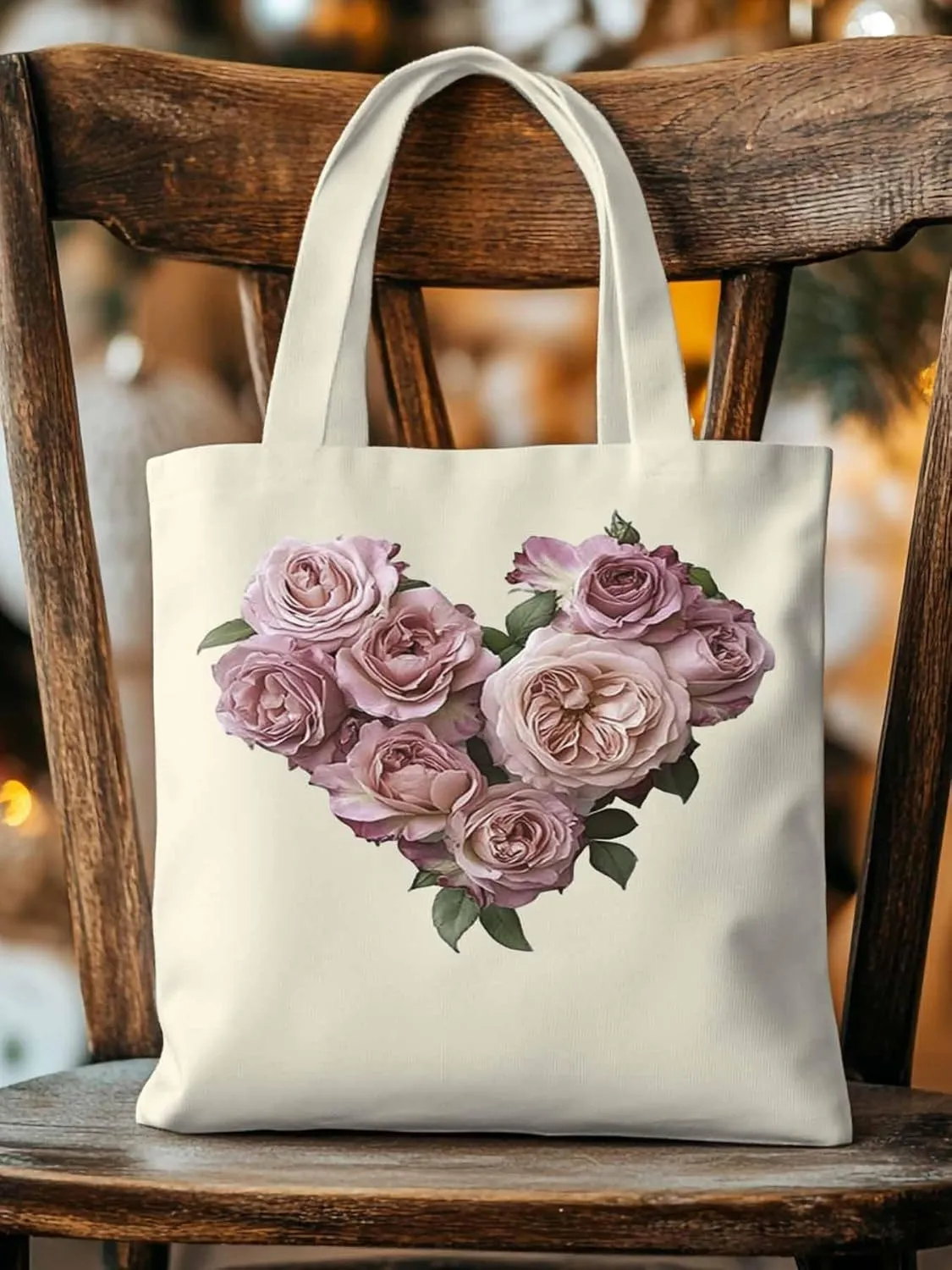 Canvas Tote Bag, Valentine's Day Pink Roses Aesthetic Canvas Tote Handbags for Women Shoulder Bag
