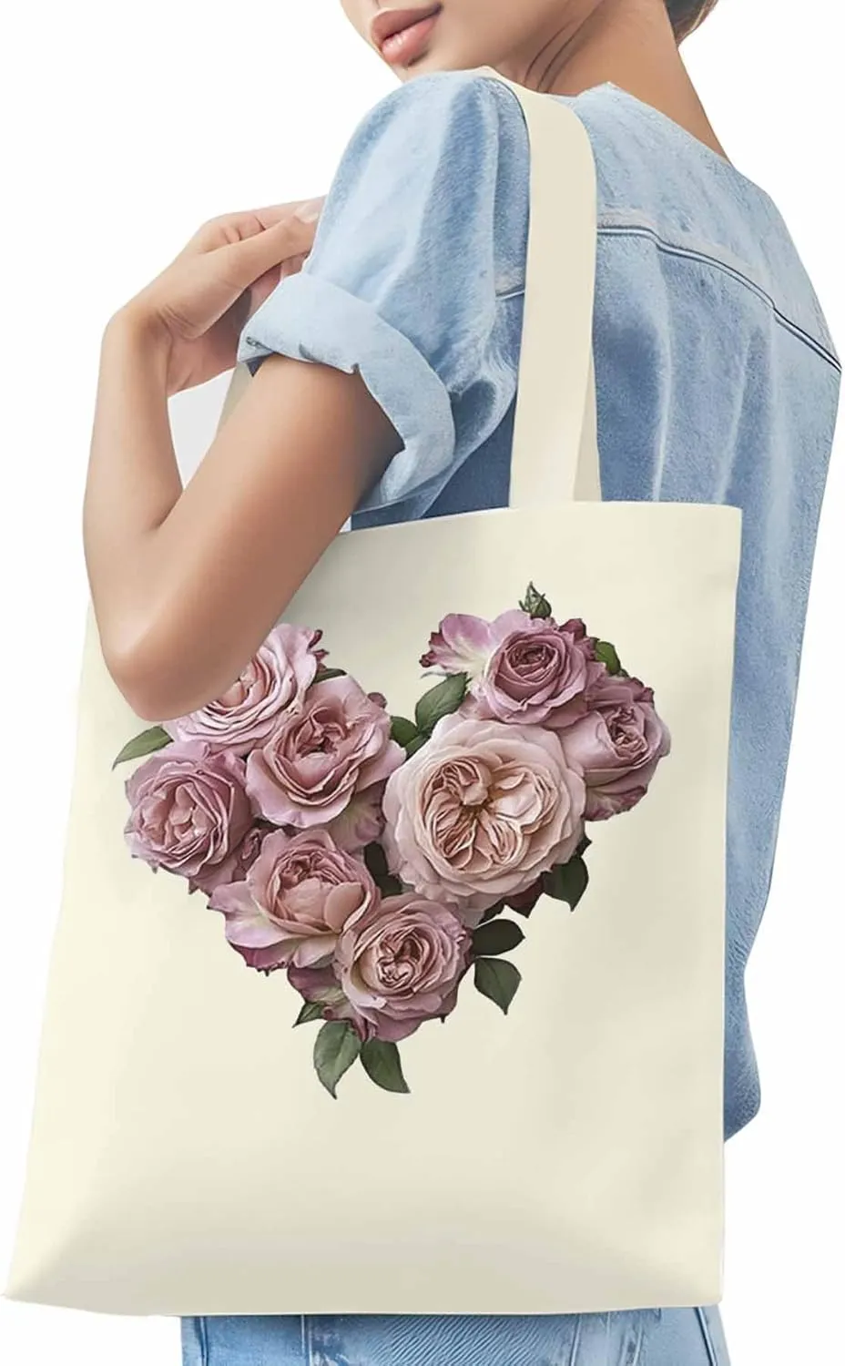 Canvas Tote Bag, Valentine's Day Pink Roses Aesthetic Canvas Tote Handbags for Women Shoulder Bag