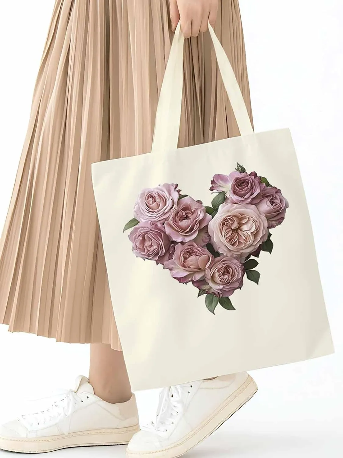 Canvas Tote Bag, Valentine's Day Pink Roses Aesthetic Canvas Tote Handbags for Women Shoulder Bag