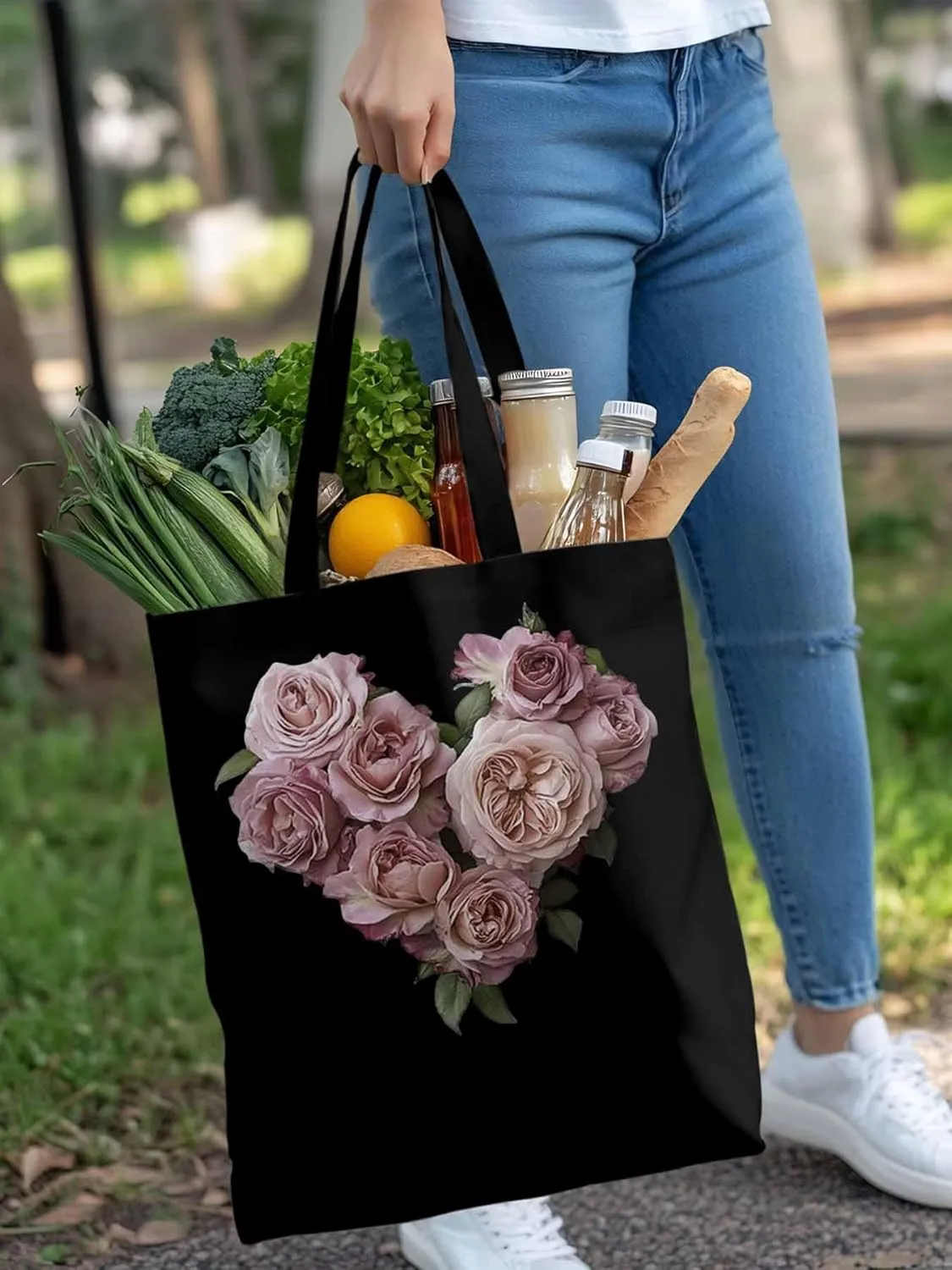 Canvas Tote Bag, Valentine's Day Pink Roses Aesthetic Canvas Tote Handbags for Women Shoulder Bag