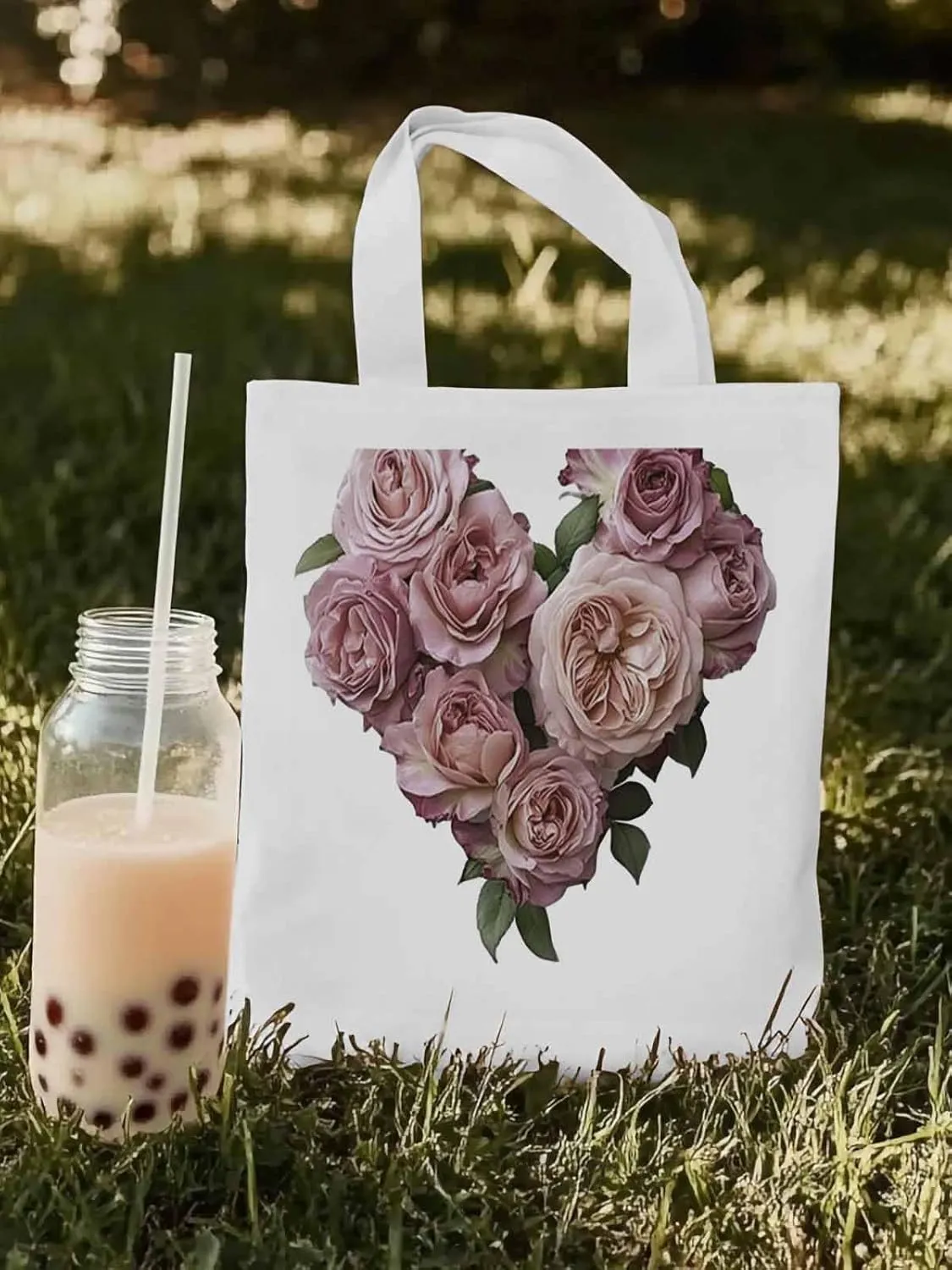 Canvas Tote Bag, Valentine's Day Pink Roses Aesthetic Canvas Tote Handbags for Women Shoulder Bag
